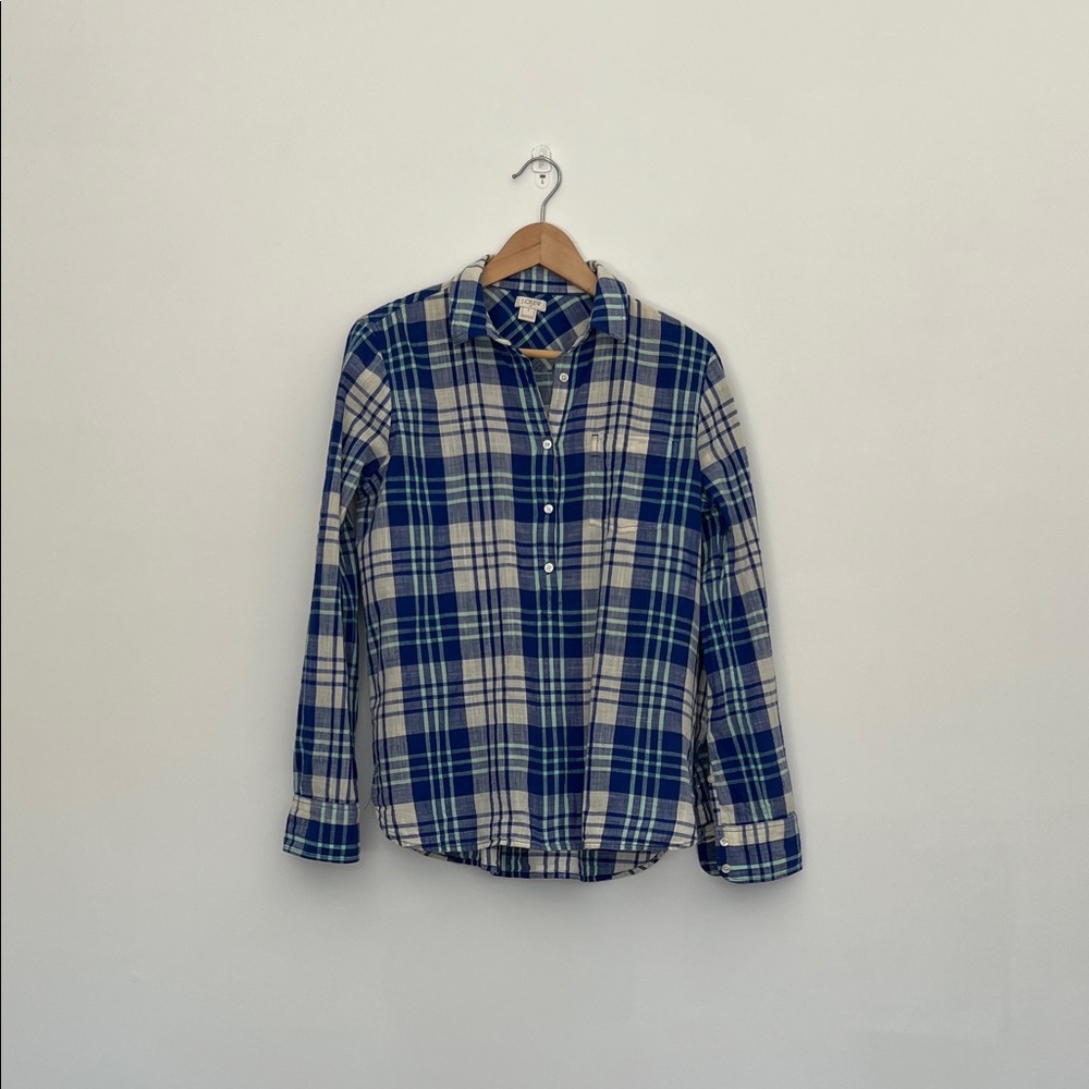 jcrew blue and cream plaid half button top, women’s size small